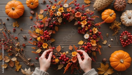 Girl making a floral autumn decoration on a table.