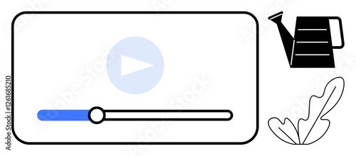 Video player interface with a play button and progress bar, beside a black watering can and a plant leaf. Ideal for digital media, gardening tutorials, growth, education, nurturing content creation