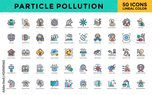 Particle pollution icon set with smog cloud, airborne particles, respiratory hazard, dust dispersion, polluted atmosphere, microscopic contaminants, hazy environment icon. Simple lineal color vector 
