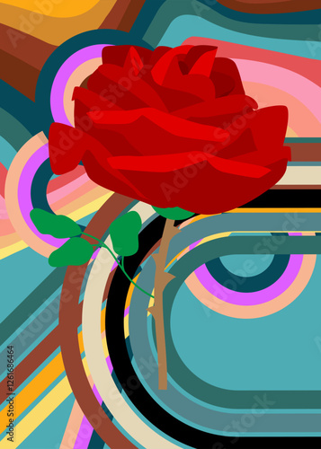 Retro 70s Background with Rose. Groovy Flower 1970s art template. Minimalistic Vintage design poster. Old-fashioned color artwork.