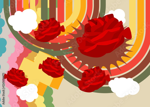 Retro 70s Background with Rose. Groovy Flower 1970s art template. Minimalistic Vintage design poster. Old-fashioned color artwork.