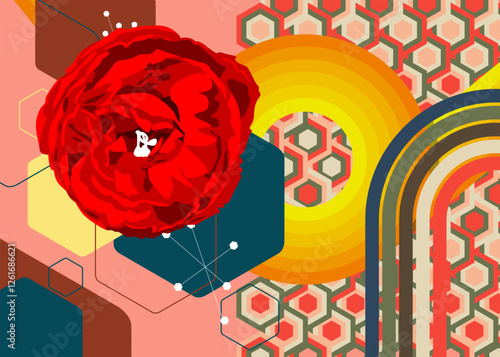 Retro 70s Background with Rose. Groovy Flower 1970s art template. Minimalistic Vintage design poster. Old-fashioned color artwork.