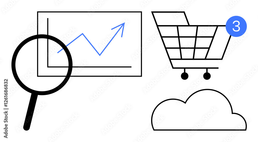 Magnifying glass over line graph, shopping cart with notification, and cloud icon. Ideal for online shopping, data analytics, cloud storage, e-commerce, market growth, technology services customer Magnifying glass over line graph, shopping cart with notification, and cloud icon. Ideal for online shopping, data analytics, cloud storage, e-commerce, market growth, technology services customer