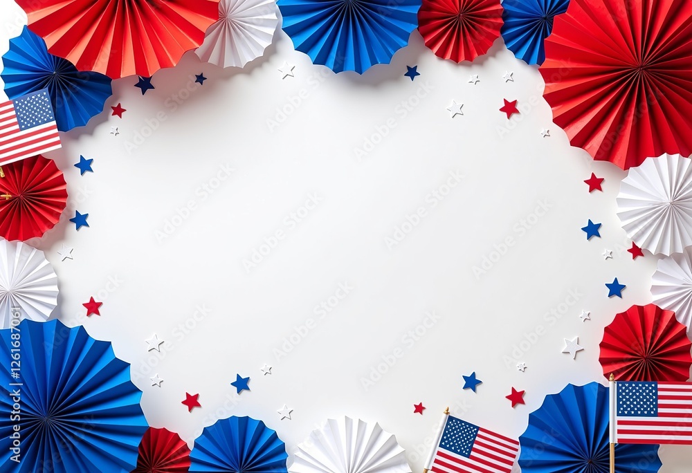 Obraz premium Simple Independence Day Invitation Mockup: 5x7 Blank White Template with American Flag Accents, Great for Casual Parties, Community Events, and Patriotic Get-Togethers.