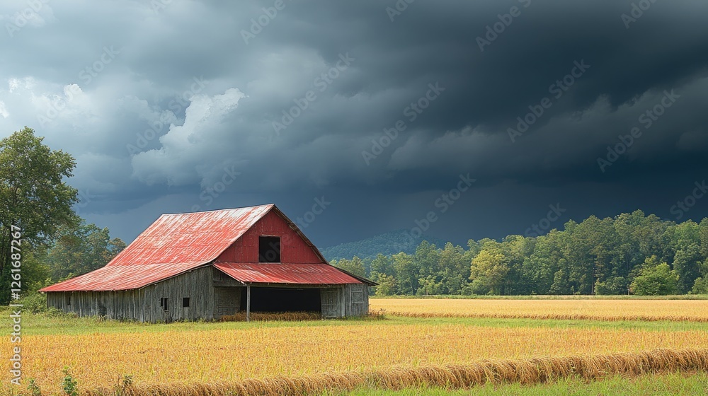 A rustic barn stands in a golden field under dark storm clouds, hinting at an impending storm A rustic barn stands in a golden field under dark storm clouds, hinting at an impending storm