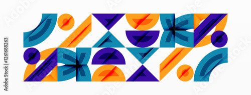 Abstract geometric background with shapes, featuring circular and rounded elements. Bold contrast, smooth gradients, dynamic composition, futuristic style