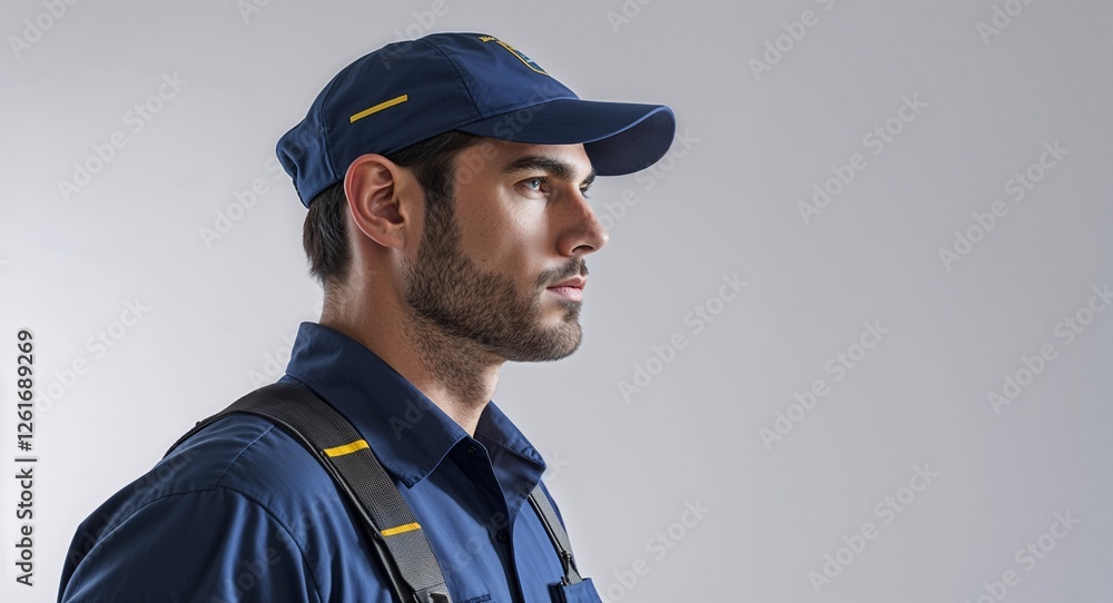 Postal worker man side view portrait on plain white background Postal worker man side view portrait on plain white background