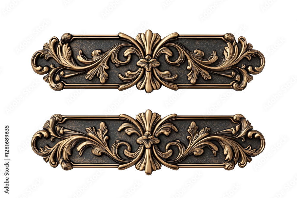 Ornate Floral Design Elements: Intricate, golden floral motifs with intricate detailing in a baroque style, suitable for decorative design projects, crafting, and ornate design patterns. Ornate Floral Design Elements: Intricate, golden floral motifs with intricate detailing in a baroque style, suitable for decorative design projects, crafting, and ornate design patterns.