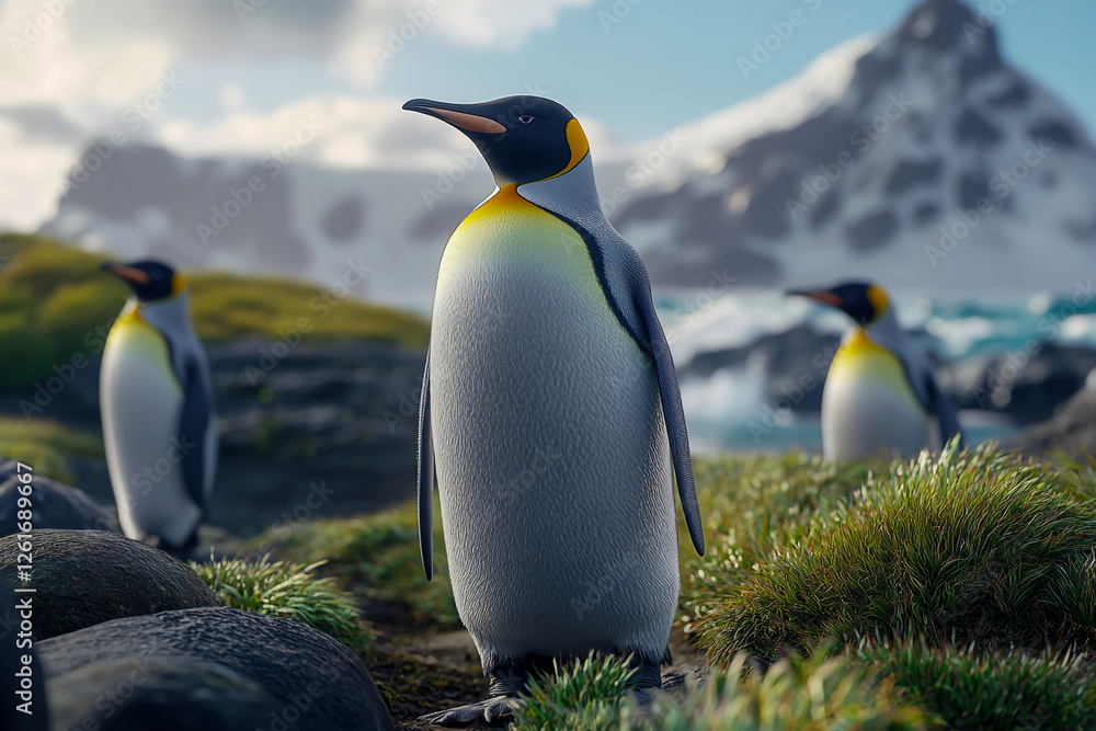 Fototapeta premium Penguins on an island surrounded by grass, rocks and sea.