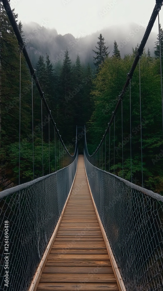 Suspension Bridge in Foggy Forest, Mountain View Suspension Bridge in Foggy Forest, Mountain View