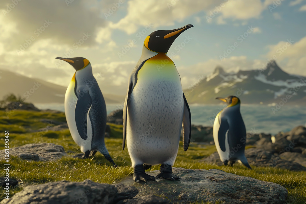 Fototapeta premium Penguins on an island surrounded by grass, rocks and sea.