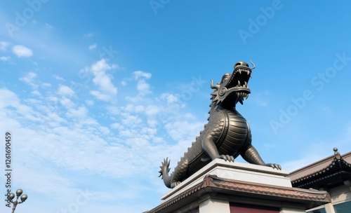 A beautiful sculpture or monument of two dragons in a public area on blue sky and white clouds background this is one of the landmarks of kunming city yunnan province china chinese architecture archit photo