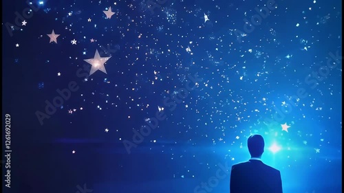 Silhouette of a man gazing at a starry sky filled with twinkling stars.
