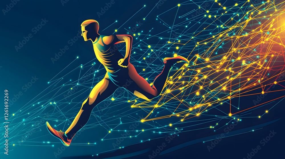Obraz premium Digital runner sprints through a connected network of light