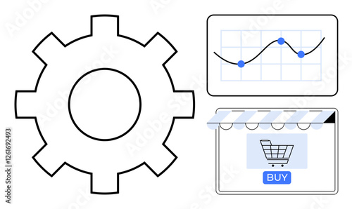 Gear symbol alongside a fluctuating line graph with data points in blue, paired with a storefront icon featuring a shopping cart button labeled Buy. Ideal for business strategy, ecommerce