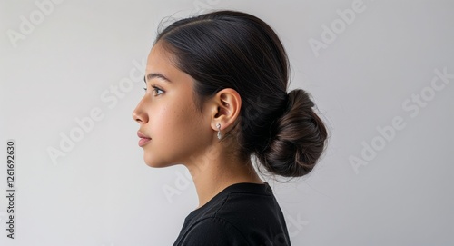 Black background Hispanic girl side view portrait on plain white background