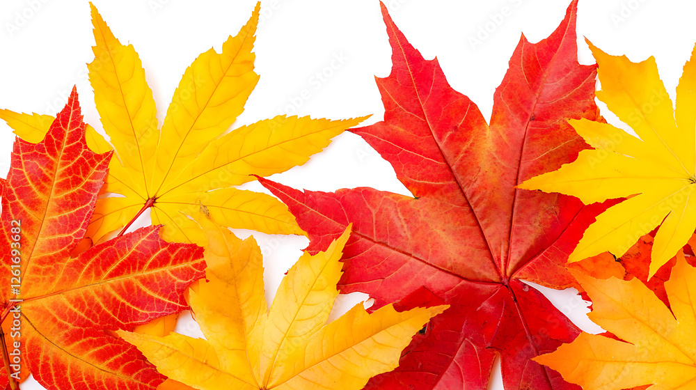 Vibrant Autumnal Symphony of Maple Leaves Displaying Rich Reds Oranges and Yellows on White Backdrop Vibrant Autumnal Symphony of Maple Leaves Displaying Rich Reds Oranges and Yellows on White Backdrop