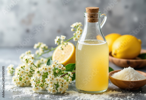 Elderflower Cordial, Lemon, and Flowers on a Table