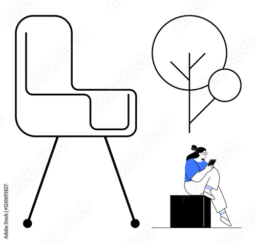 Large minimalist modern chair, abstract tree, person reading a book while seated on a cube. Ideal for themes of relaxation, interior design, minimalism, reading, outdoor spaces and tranquility. Line