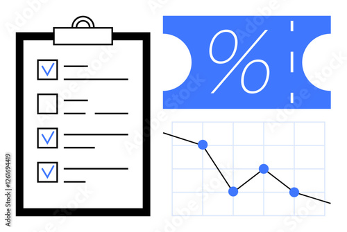 Business checklist with completed tasks, percentage symbol on blue background, and line graph showing decline trend. Ideal for business analysis, financial planning, performance evaluation, workflow