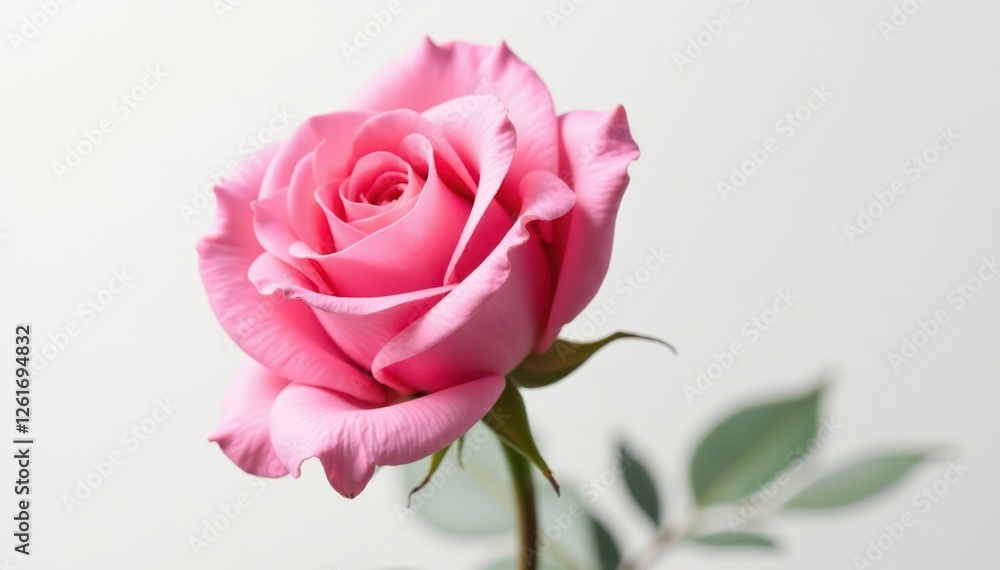 Fototapeta premium A single, fully bloomed pink rose head, petals unfurled, isolated on pure white , soft, white background, delicate