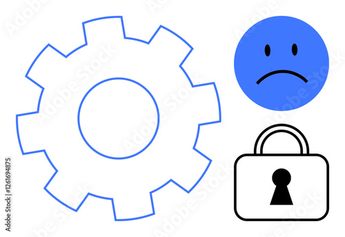 Large gear symbol next to sad face and lock icon. Ideal for tech support, system failure, cybersecurity, user frustration, vulnerability, productivity, privacy protection. Line metaphor