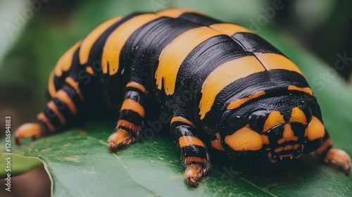 Close-up of striped caterpillar on leaf in jungle photo