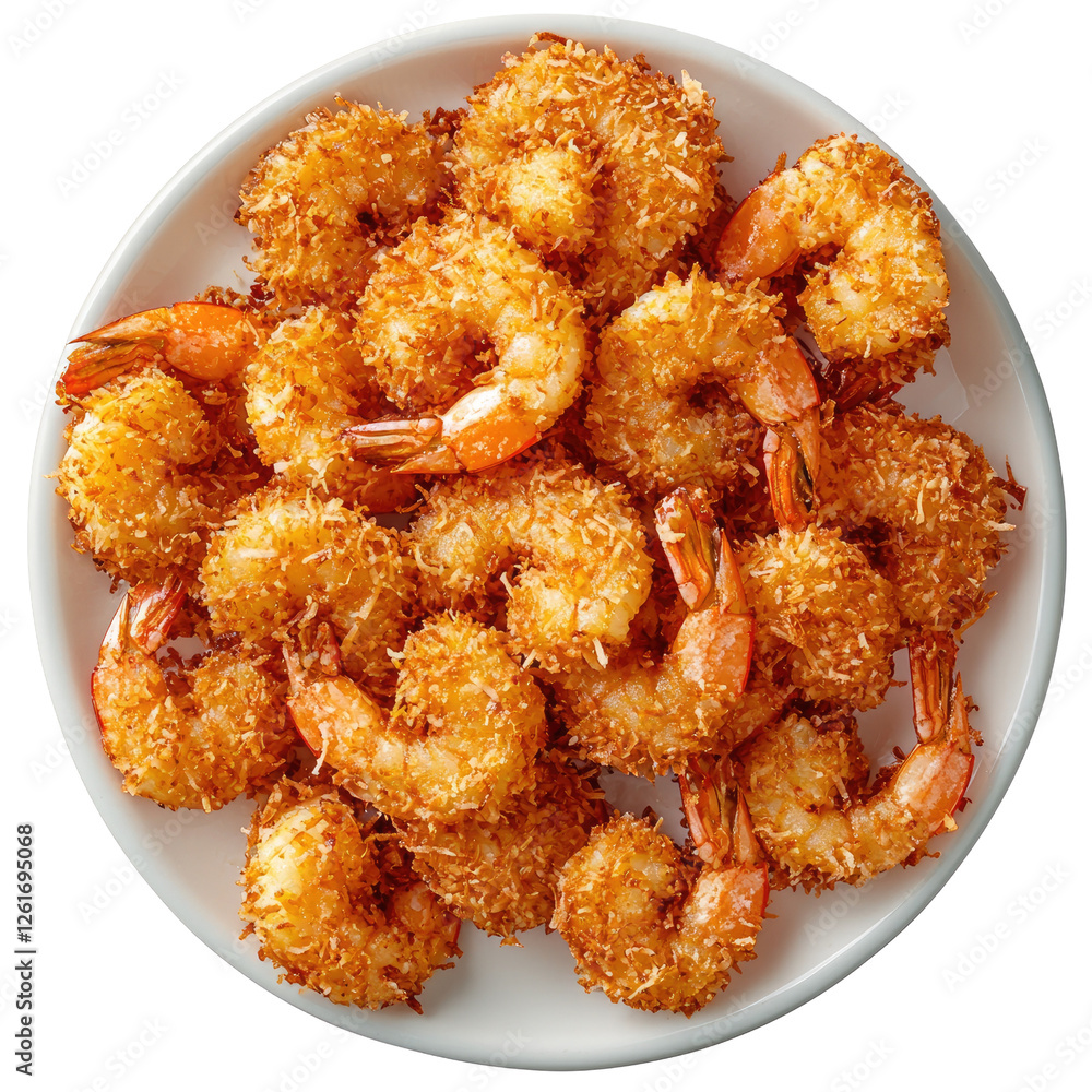 Crispy coconut shrimp served on white plate, golden brown and delicious. Perfect for appetizers or seafood lovers, this dish is delightful treat Crispy coconut shrimp served on white plate, golden brown and delicious. Perfect for appetizers or seafood lovers, this dish is delightful treat