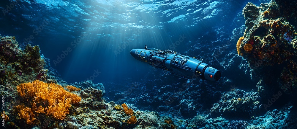 Fototapeta premium Underwater exploration vehicle near coral reef