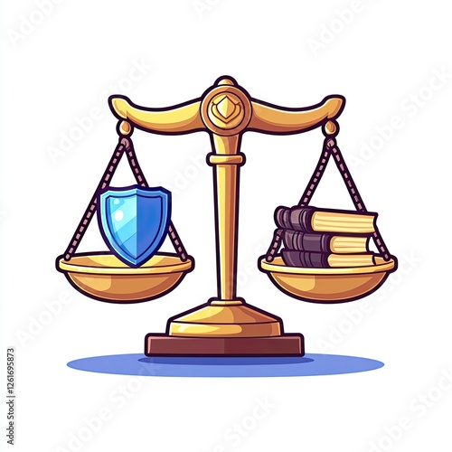 Justice scales with shield and law books, balancing protection and knowledge photo