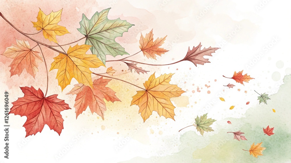Obraz premium Watercolor drawing of falling red leaves in the autumn season. Aim used for wallpaper background and web banner. Flower and botanical leaves watercolor hand drawing. Abstract art wallpaper design