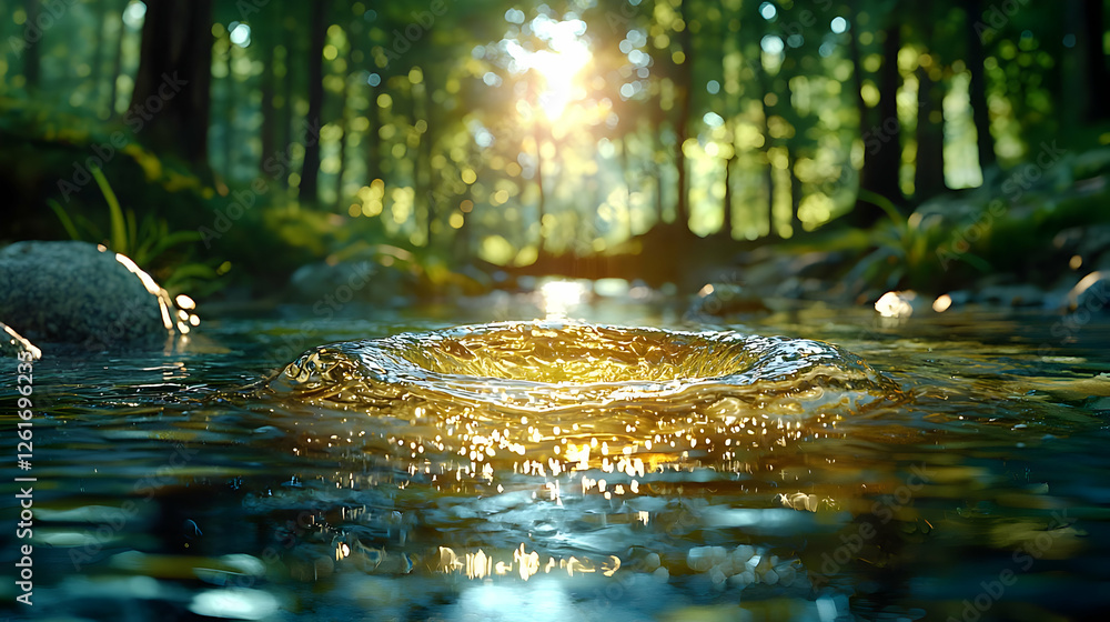 Sunlit forest stream, water droplet impact, nature scene
