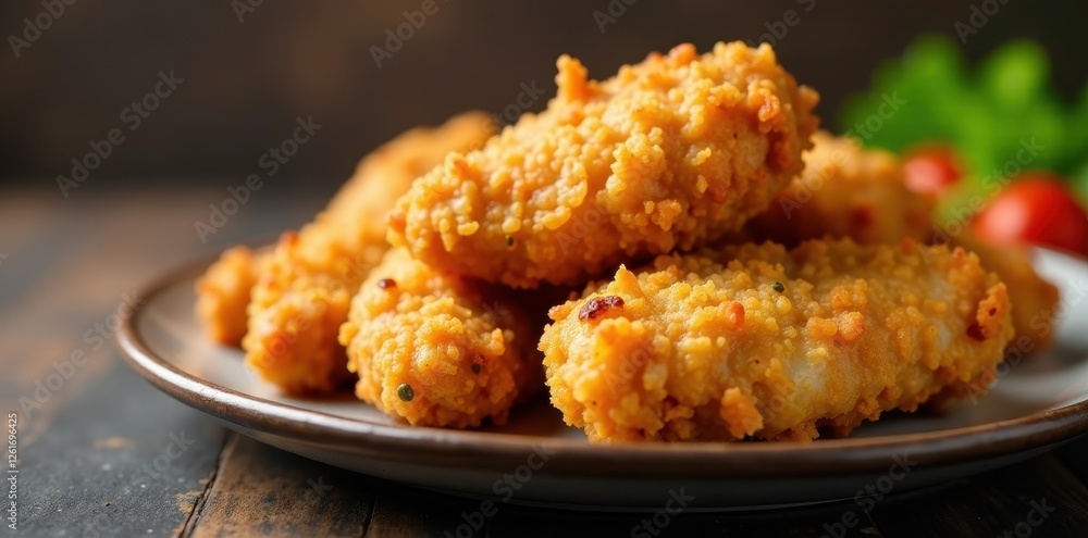 Golden-brown fried chicken pieces, crispy skin , pattern, restaurant, color Golden-brown fried chicken pieces, crispy skin , pattern, restaurant, color