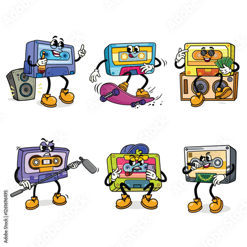 Set of Retro Cassette Tape Cartoon Illustration with Varied Poses and Expressions