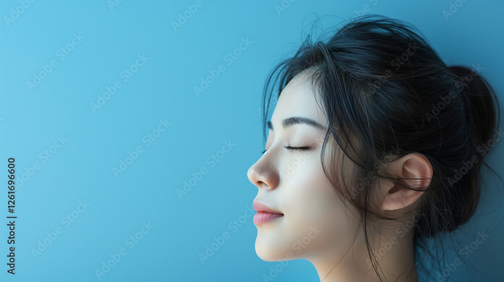 Peaceful Woman Leaning Against a Blue Wall with Eyes Closed Peaceful Woman Leaning Against a Blue Wall with Eyes Closed