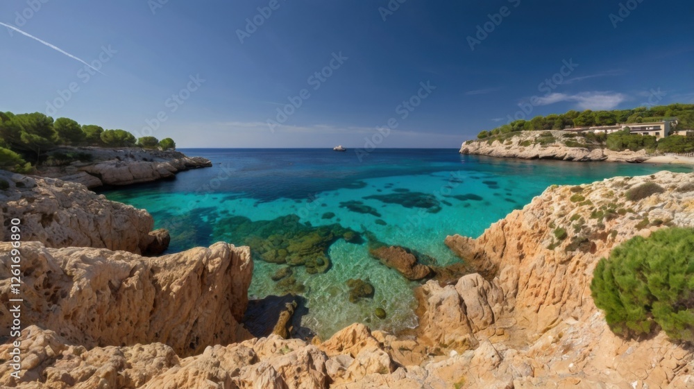 A breathtaking view of Cala S'Almunia in Santanyí, Mallorca, featuring crystal-clear turquoise waters, rugged coastal cliffs, and charming Mediterranean scenery in the Balearic Islands, Spain.
A breathtaking view of Cala S'Almunia in Santanyí, Mallorca, featuring crystal-clear turquoise waters, rugged coastal cliffs, and charming Mediterranean scenery in the Balearic Islands, Spain.