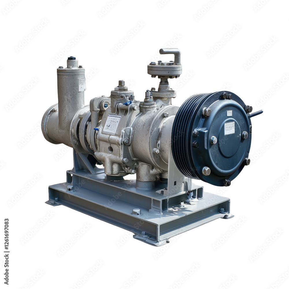 Fototapeta premium Industrial water pump with metal casing and base, designed for efficient fluid transfer in various applications. Ideal for construction and agricultural use