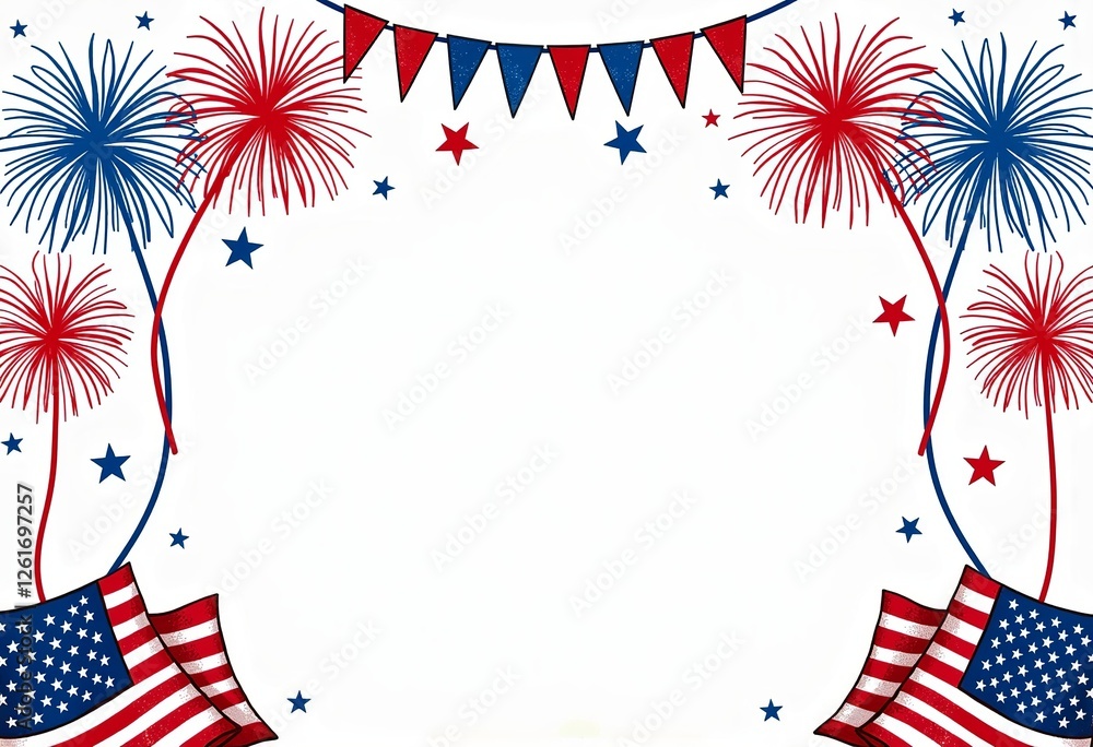 Obraz premium Minimalist 4th of July Invitation: Super Simple Sketch Style Template with Hand-Drawn Elements, American Flag Theme, and Fireworks Clipart on White Paper and a Clean White Background.