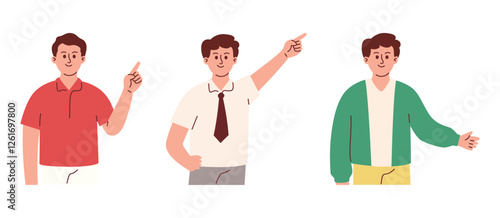 Set of Man Pointing with Finger Indicate with Hand, Looking up and Showing Direction