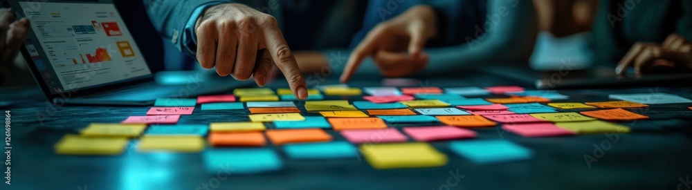 Fototapeta premium A group of people are pointing at a table with colorful sticky notes