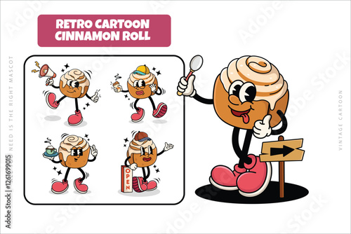 Set of Traditional Cinnamon Rolls Cartoon Illustration with Varied Poses and Expressions
