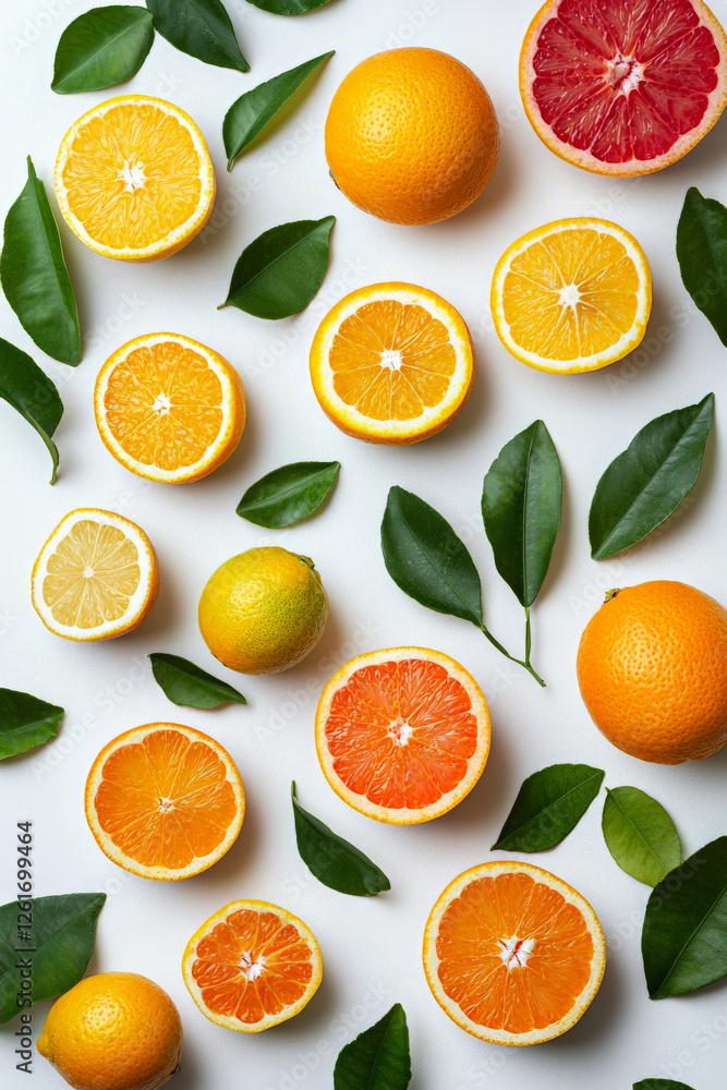Isolated citrus fruits with leaves, arranged on white background Isolated citrus fruits with leaves, arranged on white background
