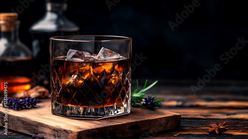 Whiskey Indulgence Aromatic Cocktail with Ice Cubes on Wood Surface Featuring Lavender Sprigs