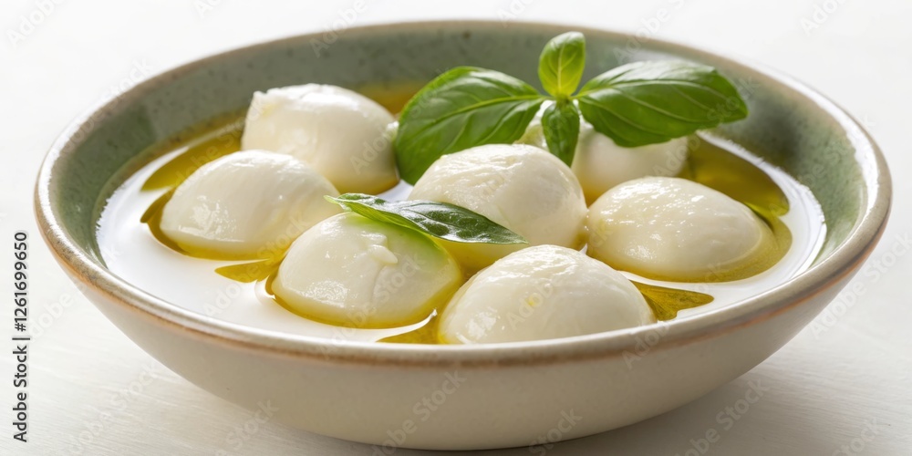 Freshly made mozzarella balls in olive oil garnished with basil leaves served in a rustic bowl Freshly made mozzarella balls in olive oil garnished with basil leaves served in a rustic bowl