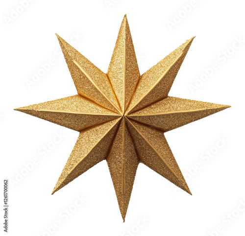 Golden glittery eight-point star ornament on transparent background, holiday decoration concept