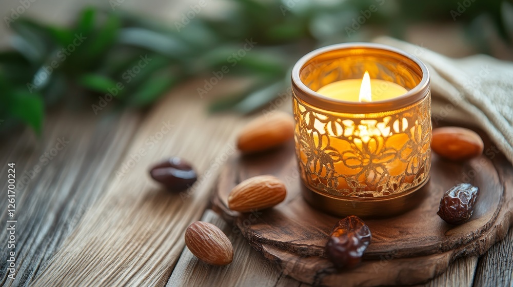 Dates and candle holder on a wooden surface. Closeup Concept Dates and candle holder on a wooden surface. Closeup Concept