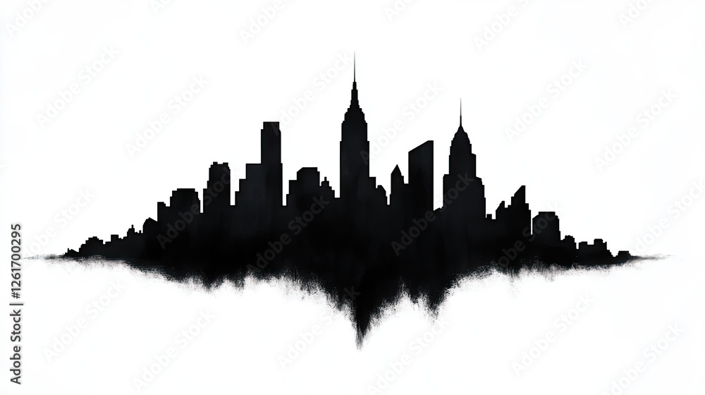 Silhouette of a city skyline with iconic buildings against a white background, evoking urban life Silhouette of a city skyline with iconic buildings against a white background, evoking urban life