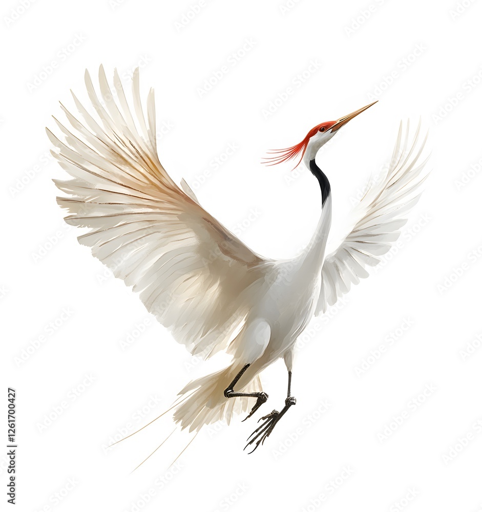 Obraz premium Elegant White Crane in Flight Wings Spread Wide