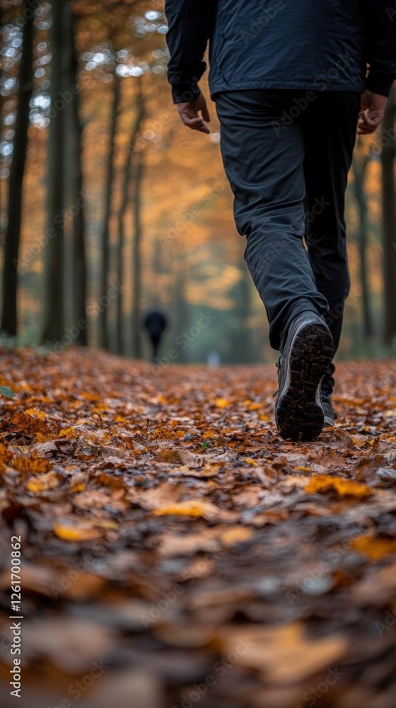 Person Walking Forest Path Autumn Leaves Person Walking Forest Path Autumn Leaves