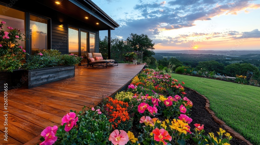 Obraz premium Sunset view from modern home deck with vibrant flowers